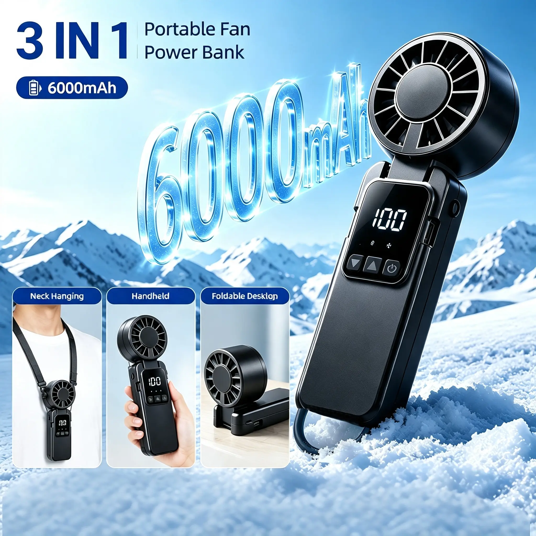 Summer Handheld Fan – 199-Speed 6000mAh Super Powerful Rechargeable USB Cooling Beast, LED Display Foldable Mini Air Conditioner, Instant Ice-Cool Relief for Summer Heat, Travel & Outdoor Survival,summerwins,dorm essentials,home essentials
