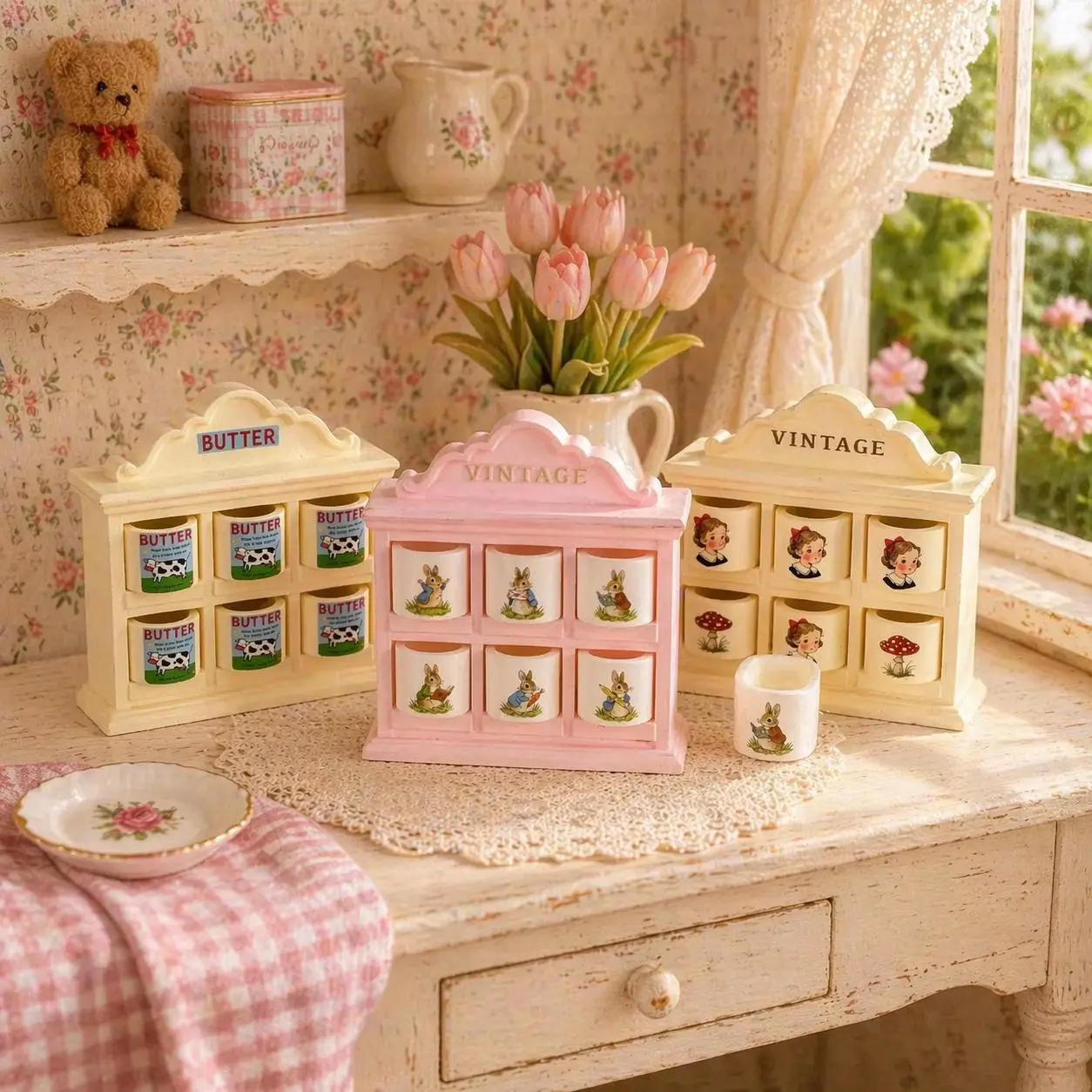 Hand-Painted Miniature Spice Rack, 1:12 Shabby Chic Cabinet, 6 Removable Drawers