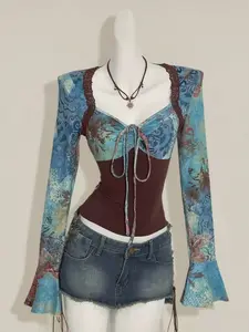 Women's Vintage Print Long Sleeve Ruched Patchwork Slim Fit Waist Cinching Top, Retro Style, Casual Boho Fashion, Casual Fashion, Perfect for Daily Wear, Shirts, Blouse, Aesthetic