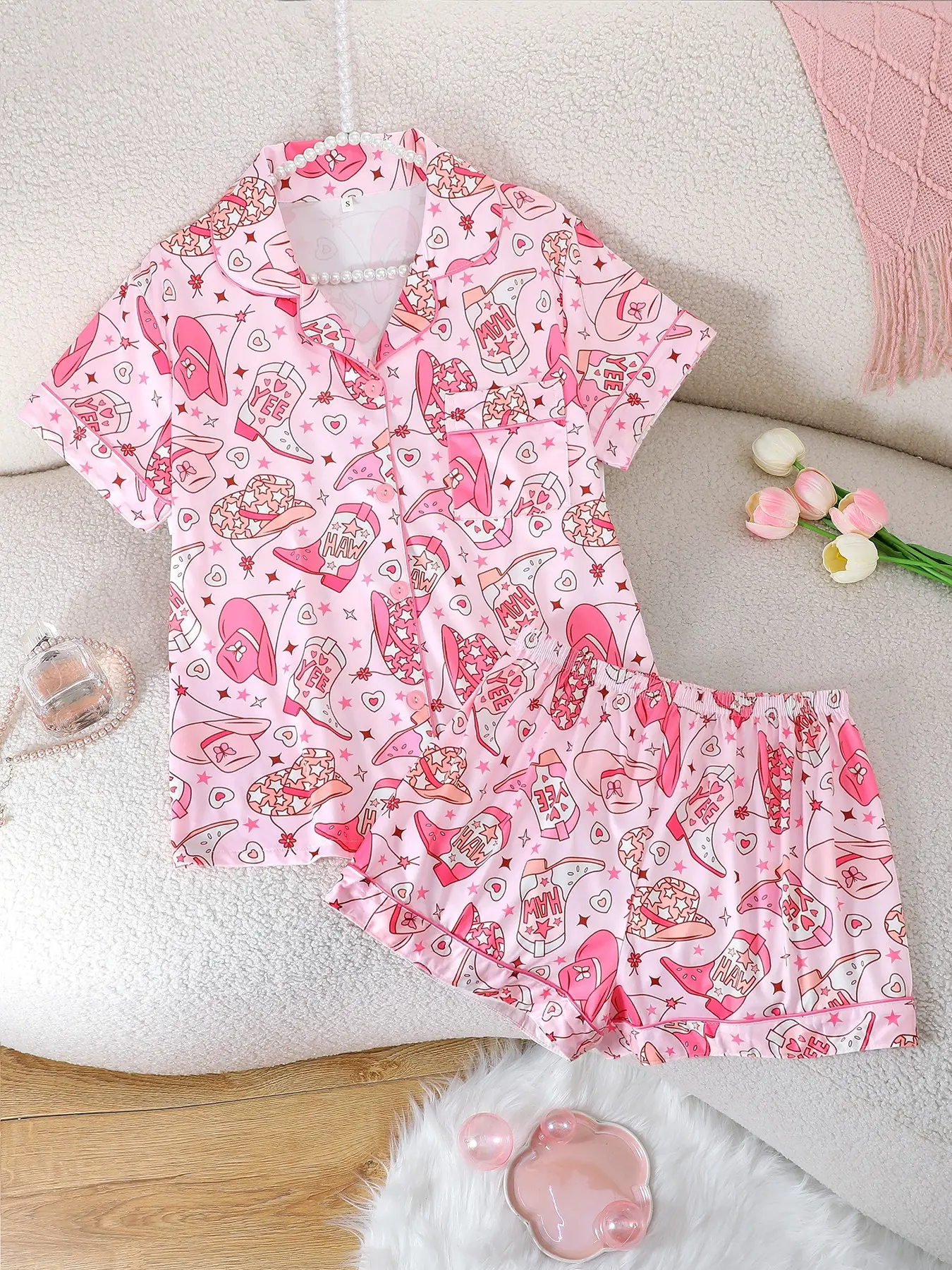 Women's Summer Cool Short Sleeve Pajama Set Pjs, 2-Piece Fitted Casual Sleepwear Top, Loungewear Bottom, Elastic Shorts, Western Style, Cowboy, Comfortable Homewear Pyjamas, Ladies Loungewear, Lounge Clothes