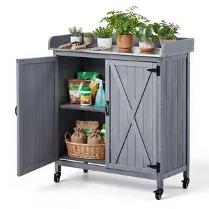 Potting Bench Table For Outdoor Gardening, Wooden Storage Cabinet With 36 X 16 Inch Galvanized Iron Tabletop, Garden Planting Workstation With Large Storage Space, Four Casters For Patio And Backyard, Gray