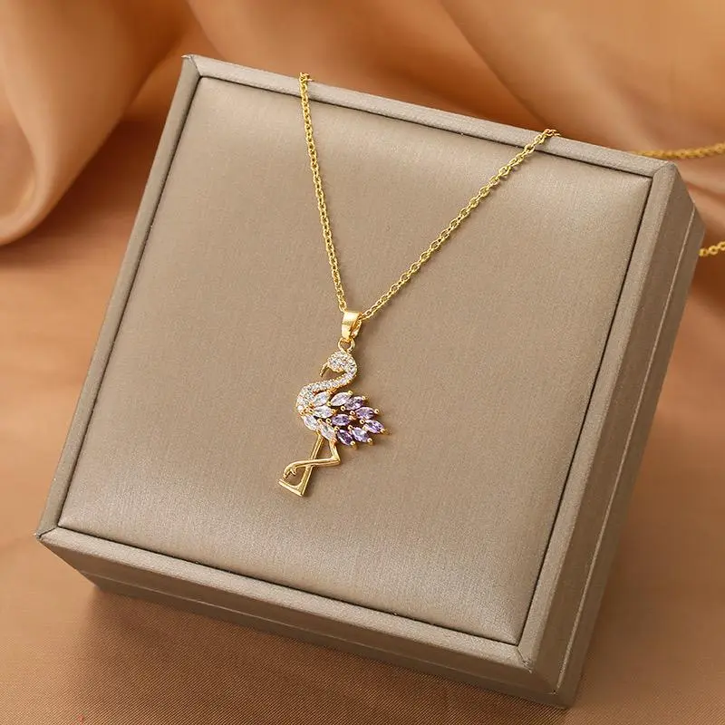 Gold Plated Four Leaf Clover Necklace for Women, Stainless Steel Zircon Pendant Necklac