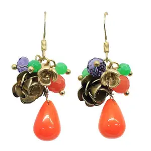 Floral Charm Tear Drop Dangle Handmade Earring Orange