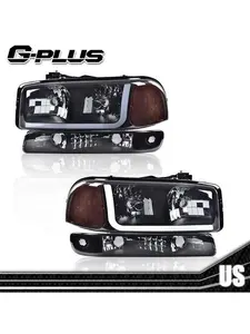 FOR 1999-2007 GMC SIERRA/YUKON PAIR LED DRL HEADLIGHT+BUMPER LAMPS BLACK/CLEAR