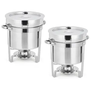 GARVEE 7QT Soup Chafer Set of 2 - Stainless Steel Round Soup Warmers with Notched Lids and Fuel Holders, Ideal Commercial Food Warmers for Buffets, Events, and Party Service