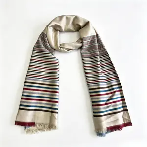 Women’s Soft Beige Base Multicolor Stripe Scarf Pashmina Shawl - Lightweight Warm Reversible Wrap with Colorful Fringe Tassels for Fall Winter, Fashion Striped Large Scarves for Evening Dress, Office, Travel