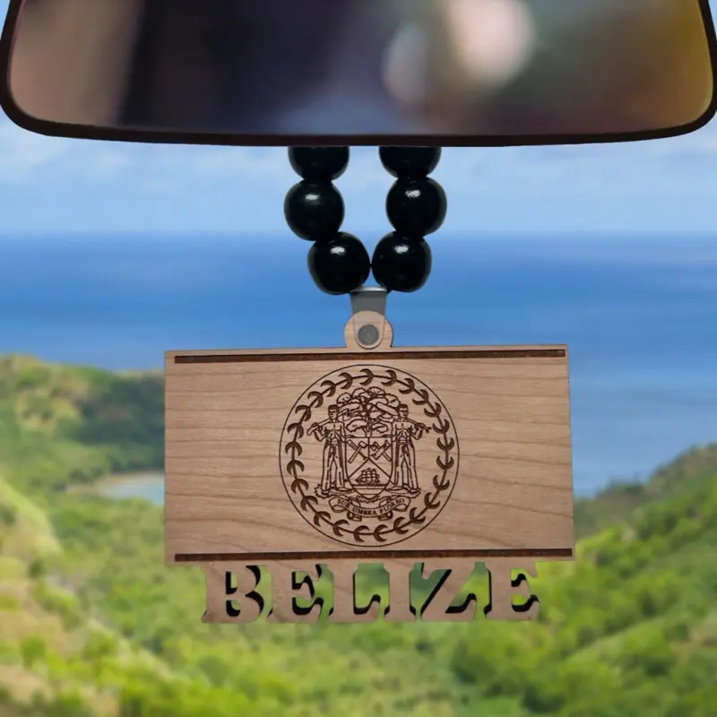 Belize Flag Ornament - 1/4 Inch Thick Wood Cherry Hickory Mahogany Unfinished 4-4.5 Inches Long Side Stylish Accessory