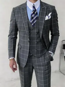 Men's Plaid Tuxedo Long Sleeve Suit - Double Breasted Three-Piece Set with Vest for Business, Casual, and Formal Events | Groom & Party Attire