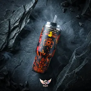 Kurama Chakra Mode 2 + Sage Form - Nine Tails Fox 40oz Tumbler Design, Fire Dragon Slayer Art Symbol Vacuum Insulated Stainless Steel Cup with Comfort Handle Leak-Proof Straw Hot Cold Beverage Container for Otaku Weeb Birthday Gift Anime Fans