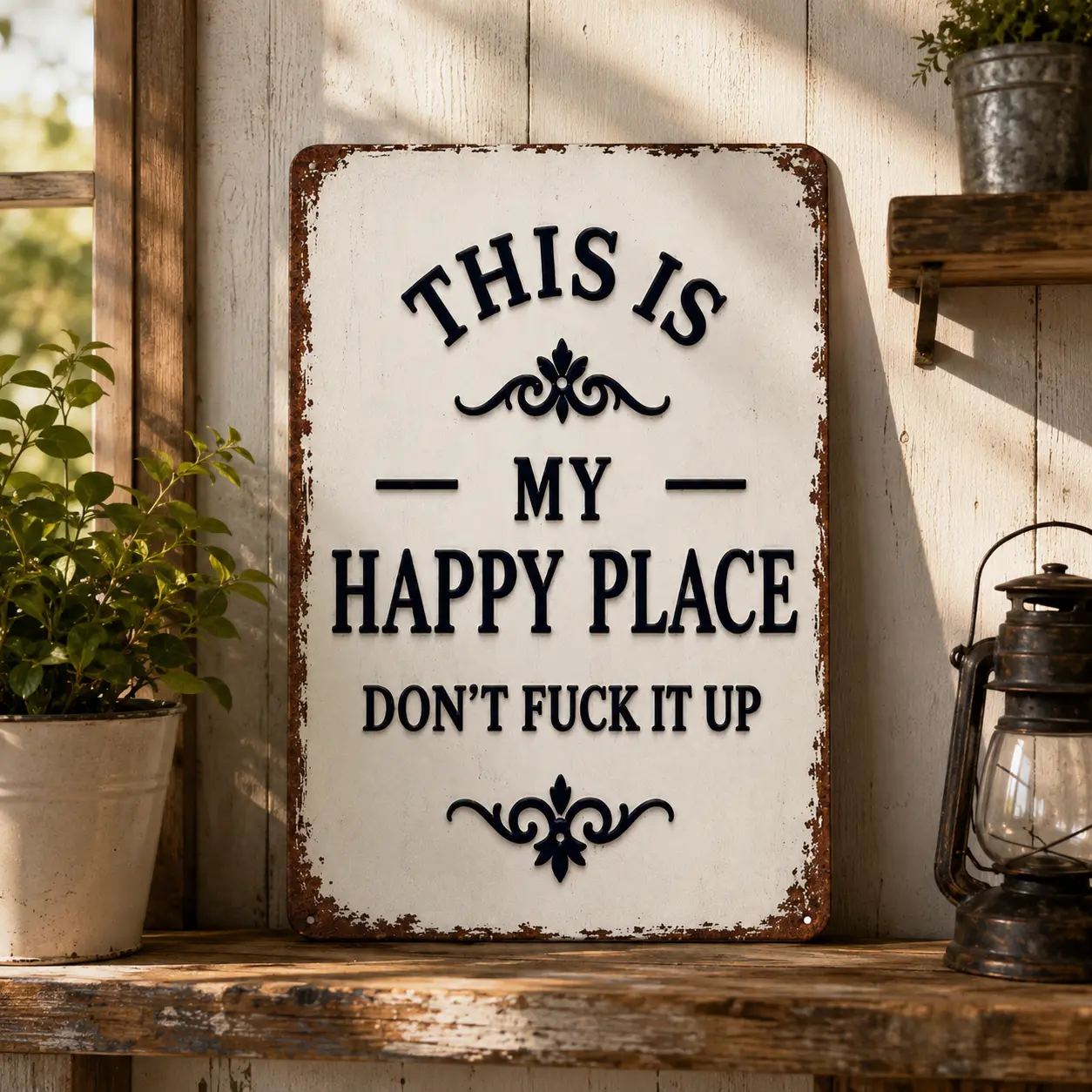 This Is My Happy Place Don't Fuck It Up 8x8 Inch Aluminum Metal Sign - Sarcastic Vintage Wall Decor for Home, Office, Man Cave, Bedroom - Rustic Attitude Tin Sign