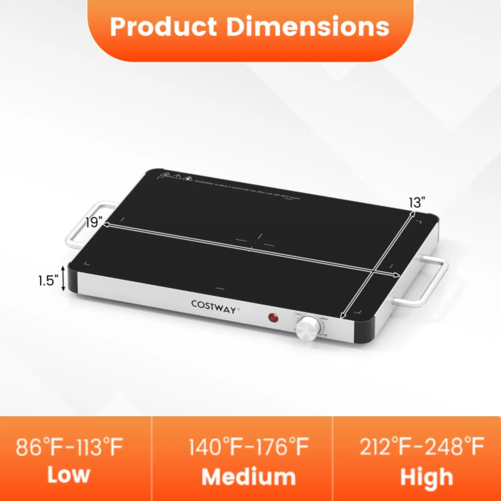 16” x 12”, 3 adjustable temperature settings