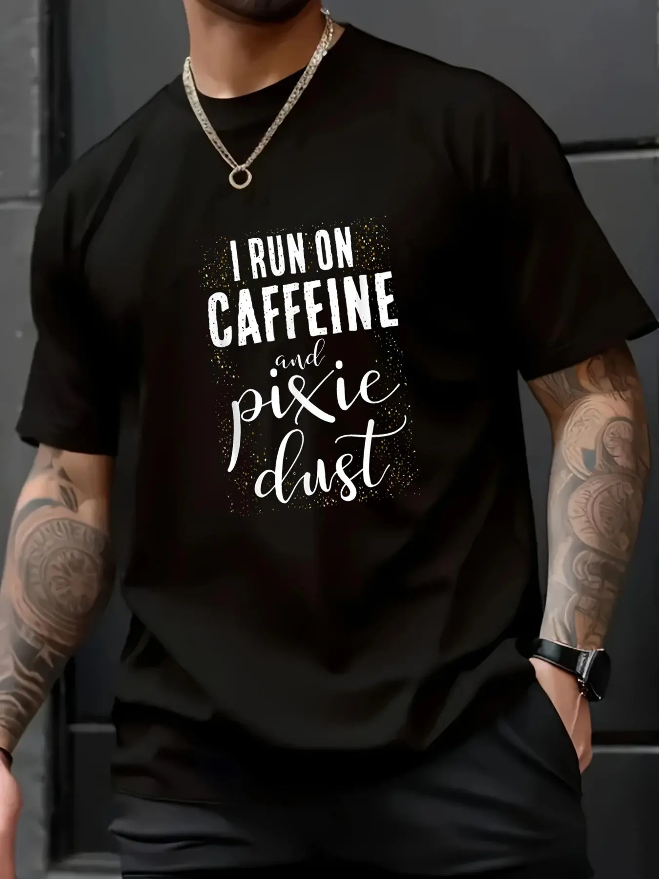 Men's Casual Streetwear T-Shirt, Funny Caffeine & Pixie Dust Graphic Print, 100% Cotton Shortsleeve Loose Fit Top