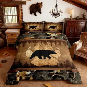 Bear Comforter Set,Brown Retro Stripes Jungle Cabin Bedding Set for Kids Teens Adults,Wild Animal Paw Print Natural Plants Comforter Duvet Set