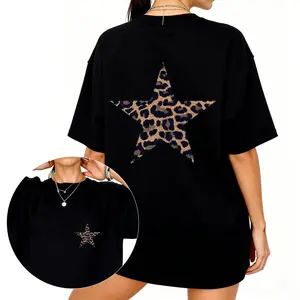 Leopard print and star-patterned double-sided oversized T-shirt, retro Y2K animal print T-shirt, trendy streetwear, soft and comfortable fabric.