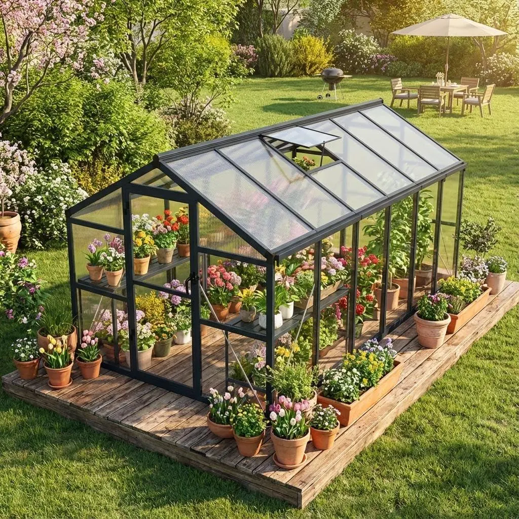 GARVEE 8x12 FT Polycarbonate Walk-in Greenhouse, Outdoor Heavy-Duty Aluminum Frame Greenhouse with Roof Vent & Lockable Outward-Opening Swing Door for Garden, Backyard