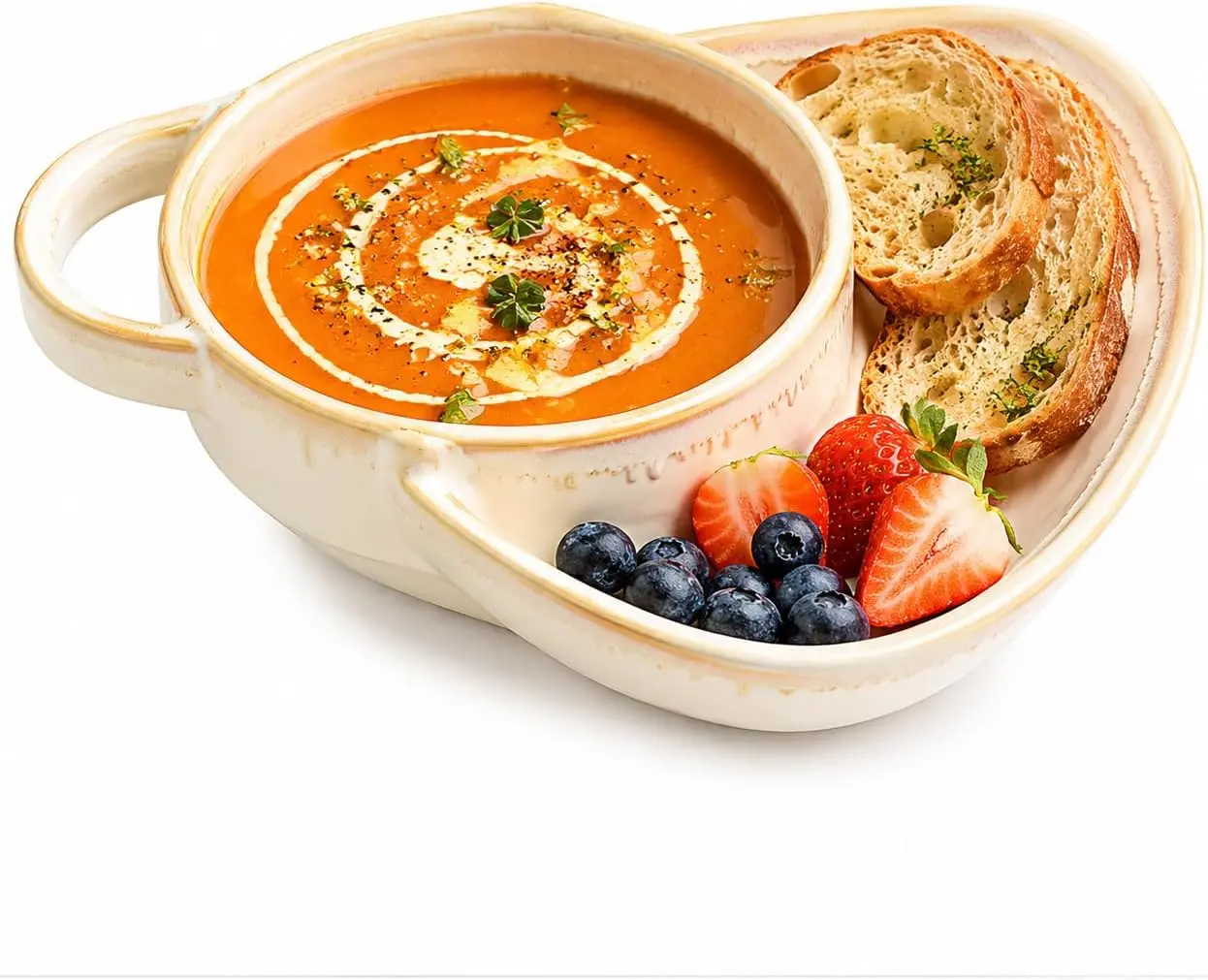 Ceramic Soup and Side Bowl with Handle Divided Soup and Sandwich Plate Cracker Salad Cereal Snack Serving Dish Microwave Dishwasher Safe Porcelain Soup Mug for Daily Breakfast Kitchen Dinnerware