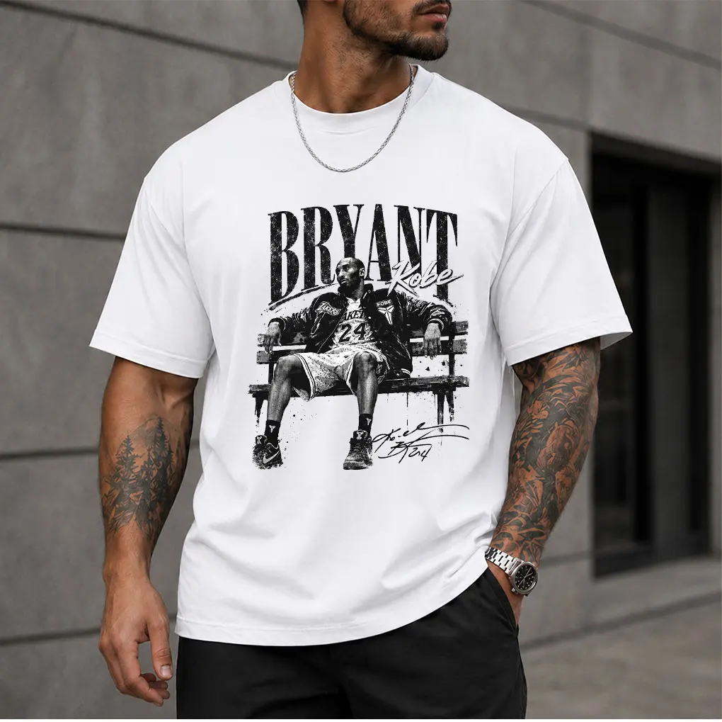 Men's Vintage Kobe Bryant Memorial Basketball Legend Graphic Cotton Fabric T-Shirt - Short-Sleeve, Round Neck, Minimalist, Classic, Casual, Loose, Breathable Black Fashion Apparel Basic Top for Fans White