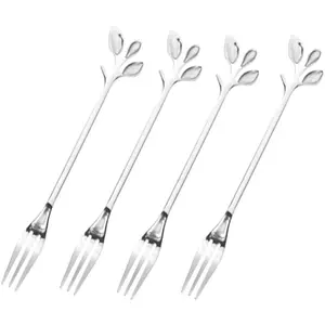 Fruit Forks Cocktail Sticks Set of 4, Stainless Steel 4.7 Inches Mini Salad Forks Appetizer Cake Dessert Forks Party Supplies (4 Forks-Silver)