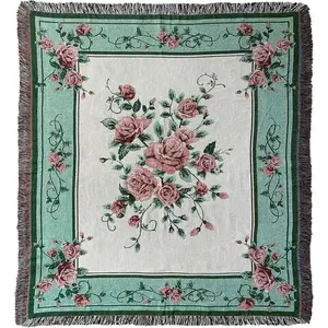 Rose Woven Tapestry Throw Blanket Wall  Art Handicrafts Jacquard Multipurpose Soft Travel Mat Outdoor with Fringe Tassels 50 X 60 Inches