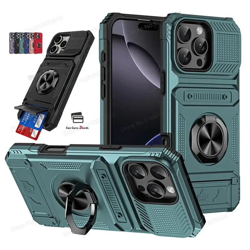 Dual Layer Plastic Smartphone Casing with Shockproof Protection, Magnetic Ring Kickstand, Wallet Card Slot for iPhone 17,16,15,14,13 Pro Max Plus - Handheld Cellphone Devices Accessory