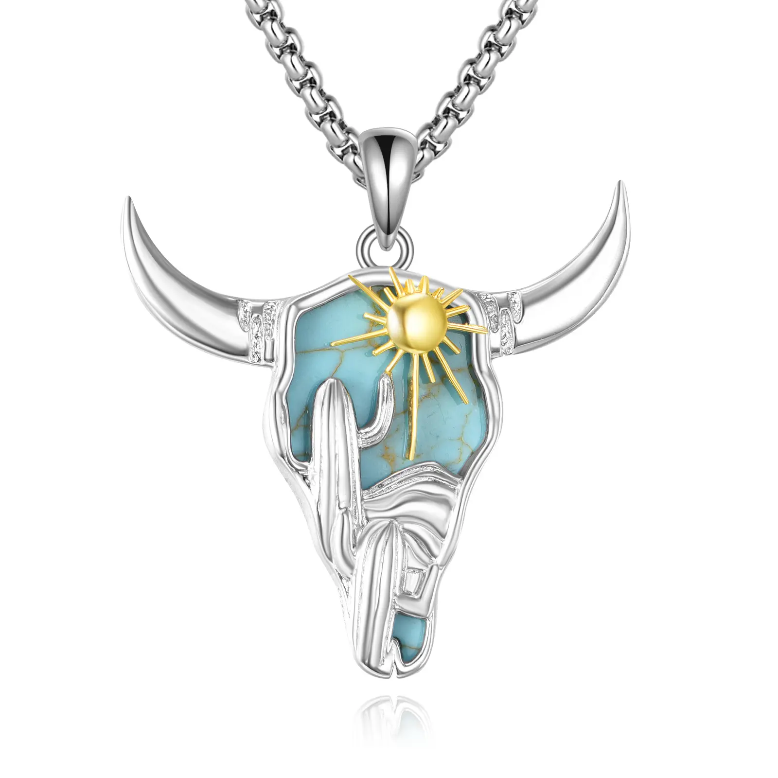 S925 Sterling Silver Longhorn Bull Pendant Necklace with Artificial Cactus Turquoise, Casual Couple Jewelry Gift for Birthday, Parents & Head Accessory Enthusiasts, Anniversary