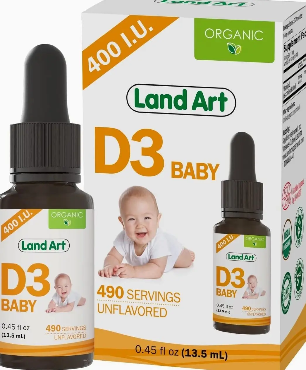 Land Art - Certified Organic Vitamin D3 Drops Baby – 400 IU per Drop – 490 Servings – Supports Bone & Teeth Development – Vitamin D Drops for Infants & Toddlers – GMO-Free - Gluten-Free – 0.45 fl oz
