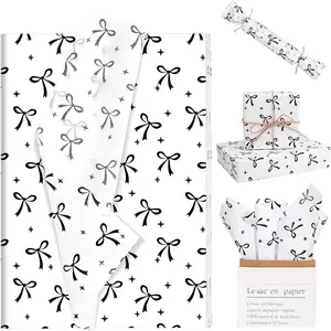 100 count 20 * 14 Inches Bow Tissue Paper for  Wrapping Black White Bow Knot Tissue Paper for  Bags for  Birthday Party Bridal Shower DIY Craft (Black)