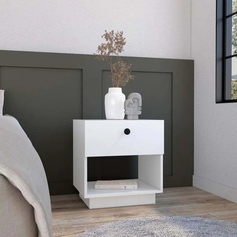 Single Drawer Nightstand 19"H with Open Storage Shelf White