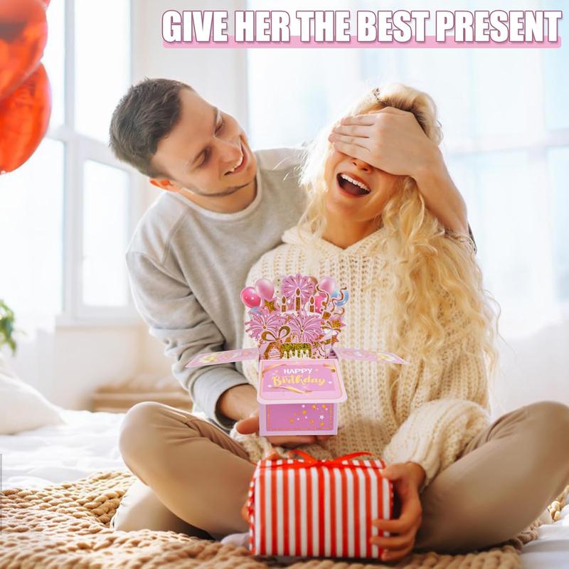3D Birthday Card for Adults and Kids with Envelopes, Unique Design Handmade Foldable Greeting Cards for Daughter, Son, Mom, Dad, Friend（Pink）