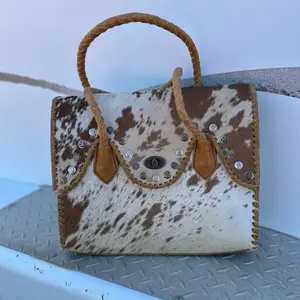 Large Cowhide Tote with Decorative studs-Braided Leather Handles-Matching Strap