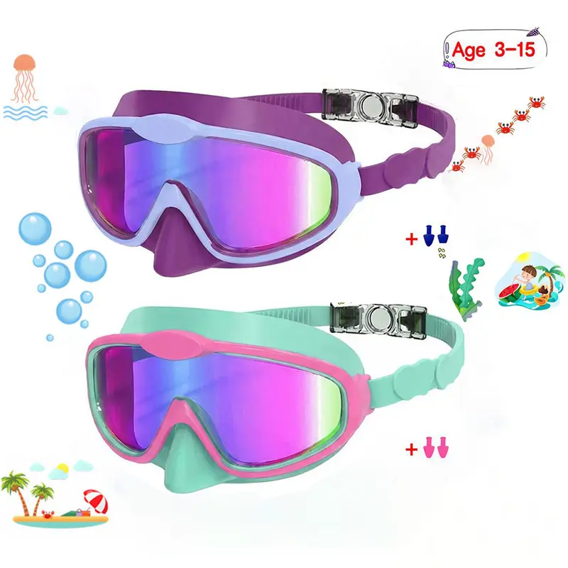 Children's Swimming Goggles 2 Pack Leak-proof, anti-fog, anti-UV wide-view children's HD goggles for boys and girls aged 4-10 years old