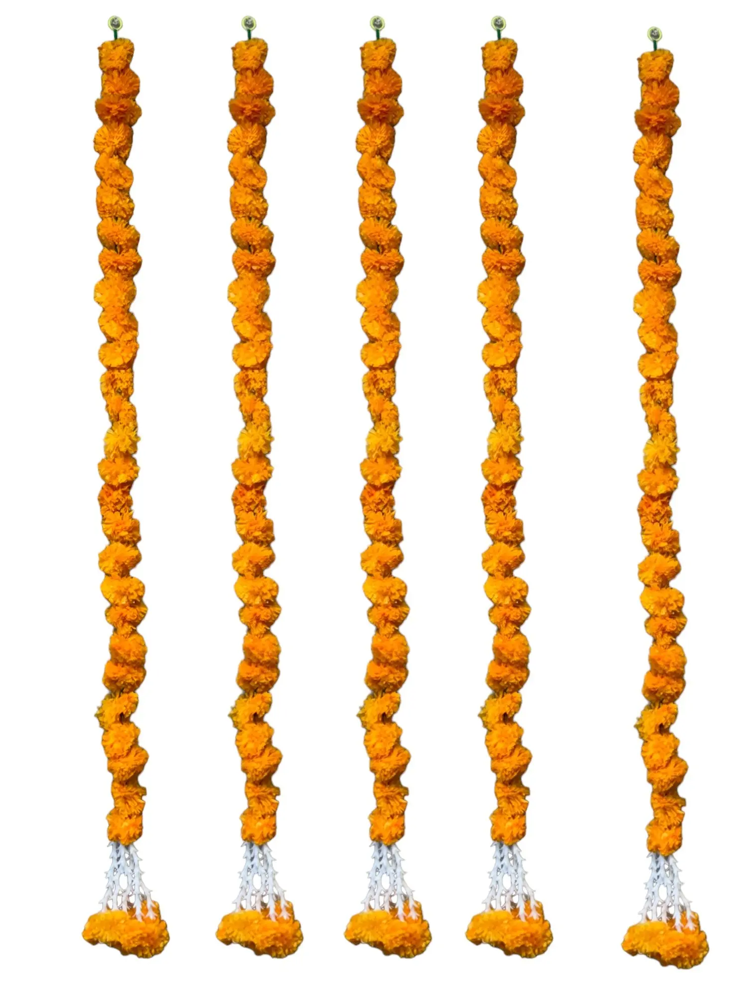 Beautiful 5 Feet Long Artificial Marigold Flower Lari with Tassels Set of 5 for Indian Festival, Indian Wedding, Mehendi, Sangeet, Pooja or Diwali Décor