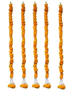 Beautiful 5 Feet Long Artificial Marigold Flower Lari with Tassels Set of 5 for Indian Festival, Indian Wedding, Mehendi, Sangeet, Pooja or Diwali Décor
