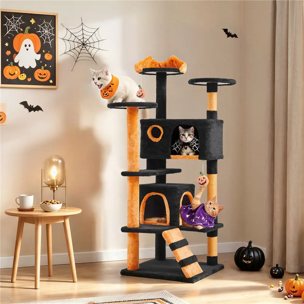 【Halloween Special Edition】Costoffs 54/23.5″H Cat Tree Tower, Multilevel Kitten Tree with 2 Cozy Condos, Cat-Ear Perch, Scratching Posts & Dangling Balls, Indoor Cat Furniture for Small/Medium Cats,Black & Pumpkin Orange