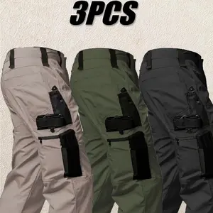 3pcs Men's solid color printed pocket zipper waterproof tactical work pants, without waistband, regular fit sports pocket, autumn durable pants, men's wear-resistant outdoor training pants, Please place your order according to the size chart