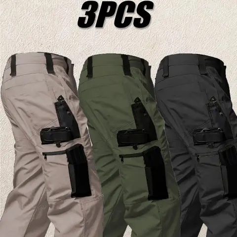 3Pcs Men's solid color printed pocket zipper waterproof tactical work pants, without waistband, regular fit sports pocket, autumn durable pants, men's wear-resistant outdoor training pants, Please place your order according to the size chart,Size Up for a