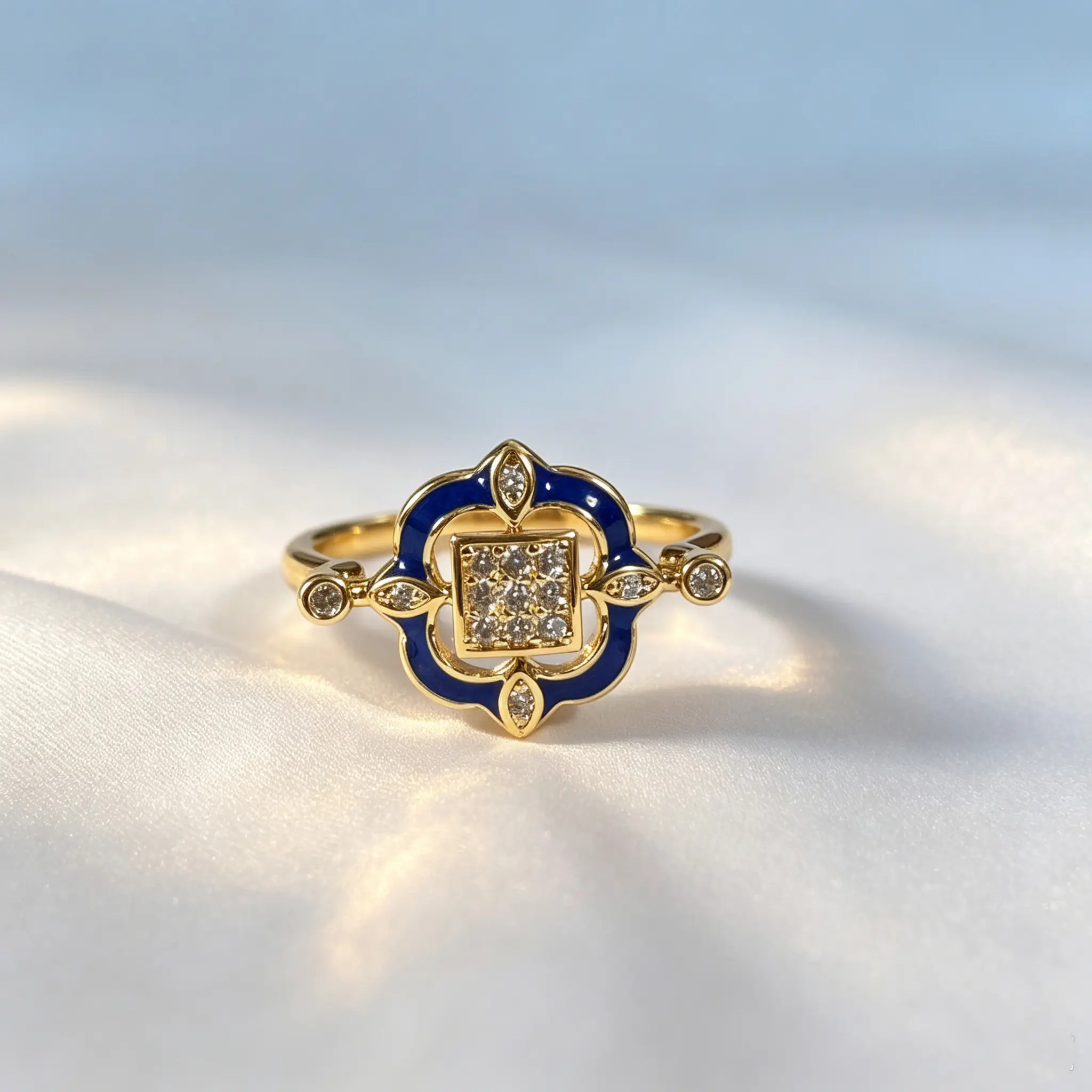 Geometric Square Cluster Sparkle Synthetic Zircon Statement Ring - Blue Enamel 4-Petal Hollow Inlaid Frame, Exquisite Everyday Fashion Costume Jewelry Ring