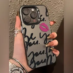 English Pink Lip Pattern Case for iPhone 16 15 14 Pro Max 13 12 11 XR XS Plus Shockproof Drop Protection Durable PC Smartphone Cover Gifts for women men girls boys Screen Protector Silicone