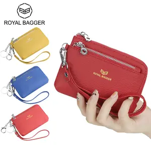 Royal Bagger RFID Coin Purse with Keychain, Genuine Leather Multi Zipper Clutch Wallet, Portable Wristlet Card Holder 1903-1