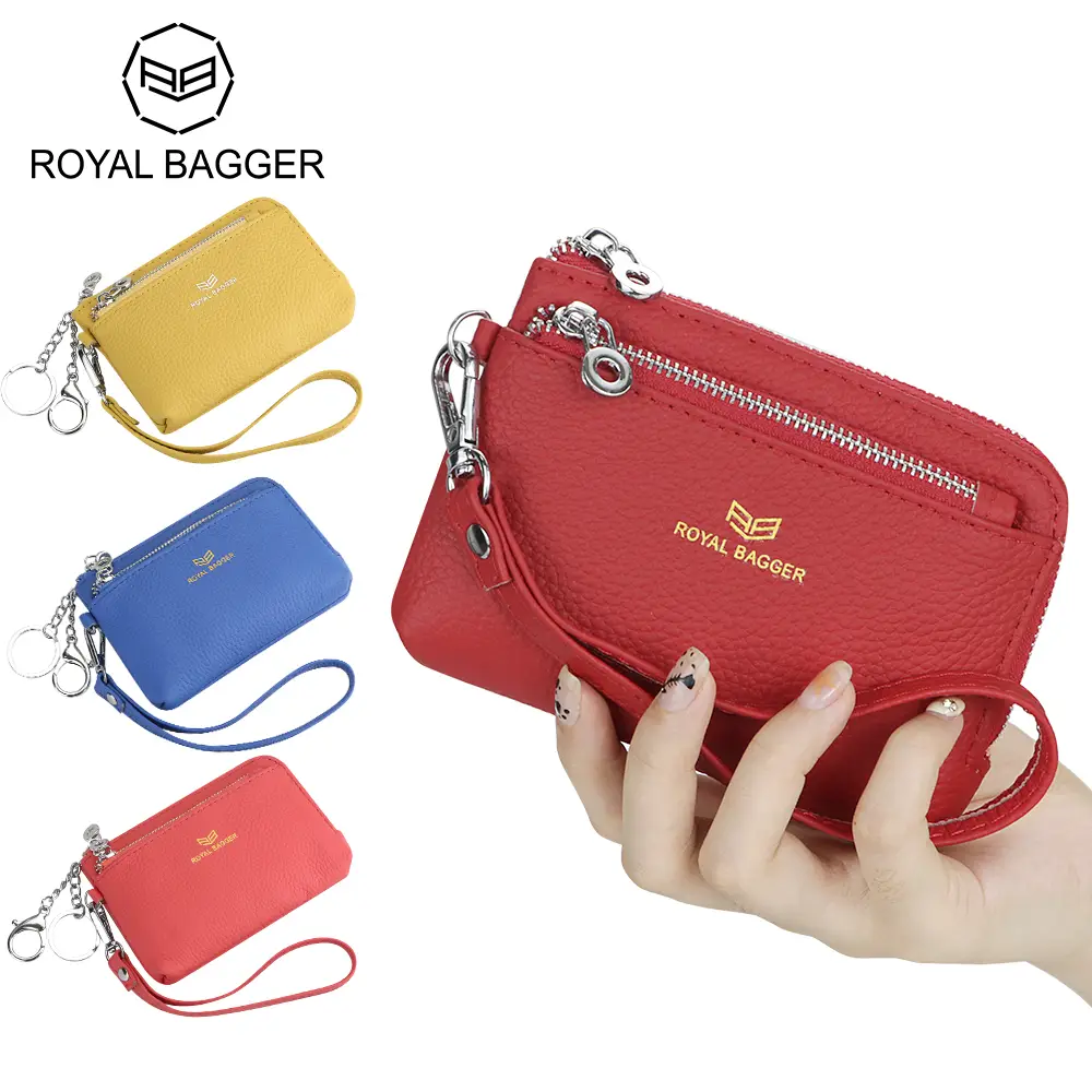 Royal Bagger RFID Coin Purse with Keychain, Genuine Leather Multi Zipper Clutch Wallet, Portable Wristlet Card Holder 1903-1
