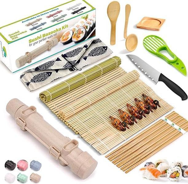 Sushi Making Kit, 22 in 1 Sushi Roller Maker Bazooker Kit with Bamboo Mats, Chef's Knife, Chopsticks, Sauce Dishes, Rice Spreader, Avocado Slicer for Beginners, Family, Friends, Home