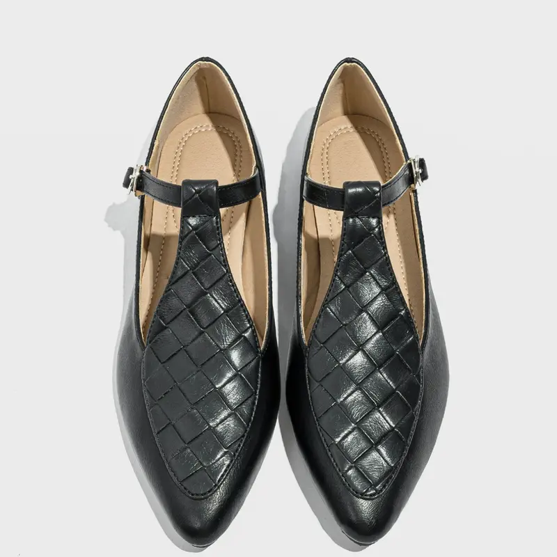 Women's Pointed Toe Flat Shoes, Elegant PU Leather Shoes, Vintage Strap Design, Breathable Office Wear for All Seasons, Buckle Shoes