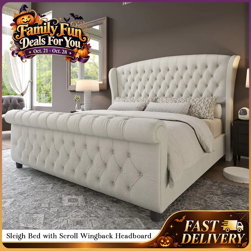 AMERLIFE Platform Bed Frame,Velvet Upholstered Sleigh Bed with Scroll Wingback Headboard&Footboard/No Box Spring Required/Christmas Gift/Christmas Gifts/Best Gift Ideas/Cozy Home