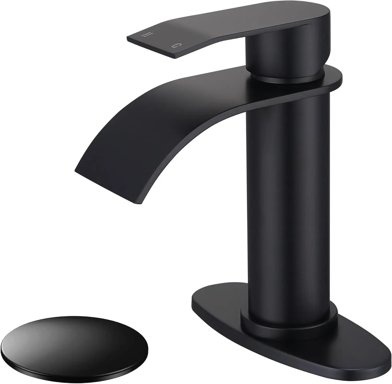 Black Waterfall Bathroom Faucet Single Hole, Matte Black Single Handle Bathroom Sink Faucet with Pop Up Drain and  Hose, Black Bathroom Faucet for Sink 1 Hole