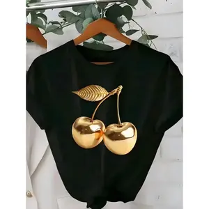 2026 Spring/Summer New Women'S Crew Neck Golden Cherry Print Casual T-Shirt | Fashionable Cool Short Sleeve for Summer,Fun Valentine's Day T-shirts – a top choice for personal enjoyment or as a gift for friends.