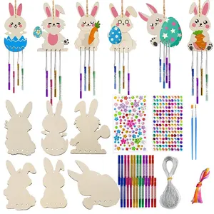 6/12 Wooden Easter Bunny Set with String, Paintbrush, Wind Chime Tube, Colored Rhinestones, Home Decor, Wooden Decorative Ornaments, Easter Bunny Wind Chime Kit, Wooden Easter Bunny Wind Chime Ornament, Wooden Easter Crafts