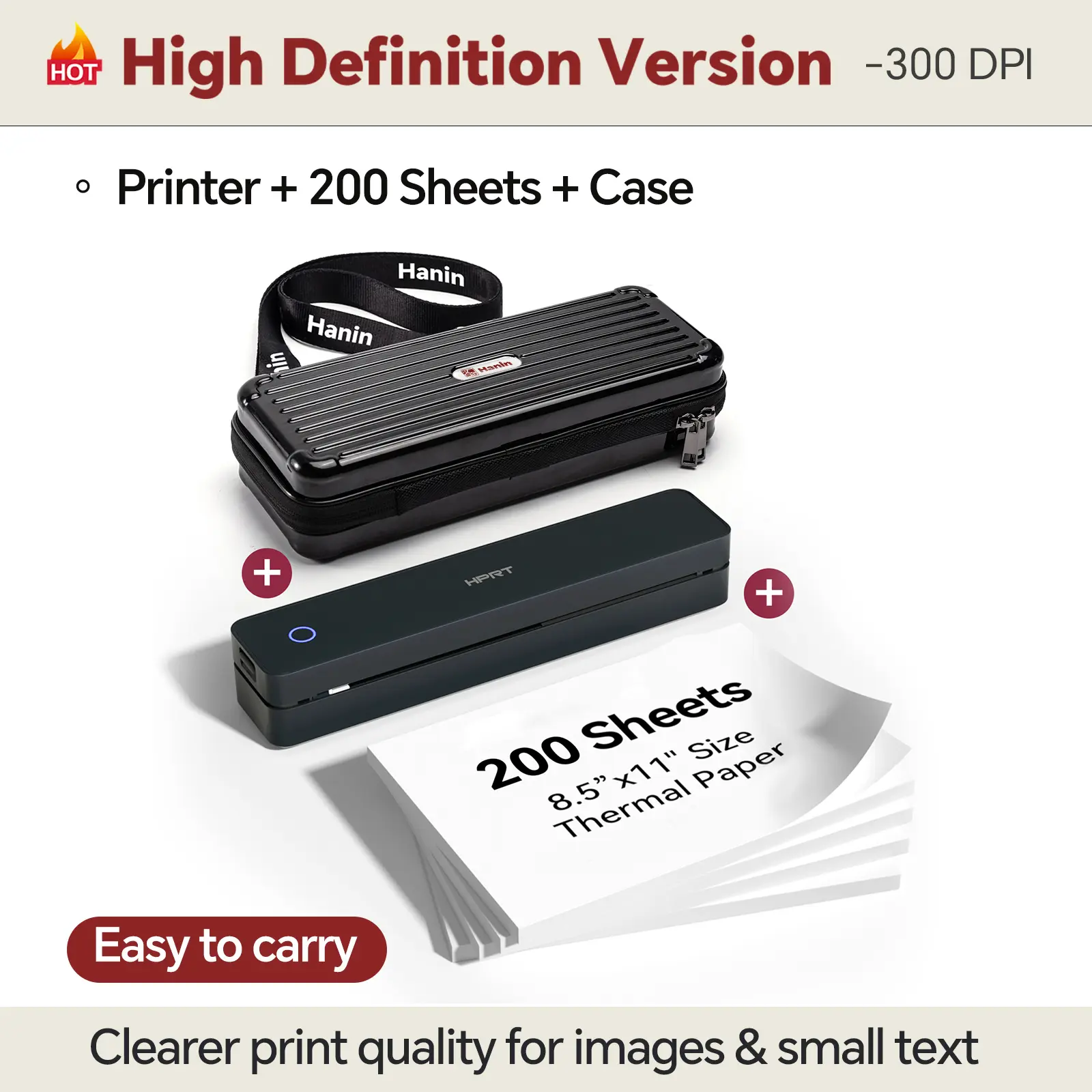 Black 300DPI Printer + 200 Sheets + Case