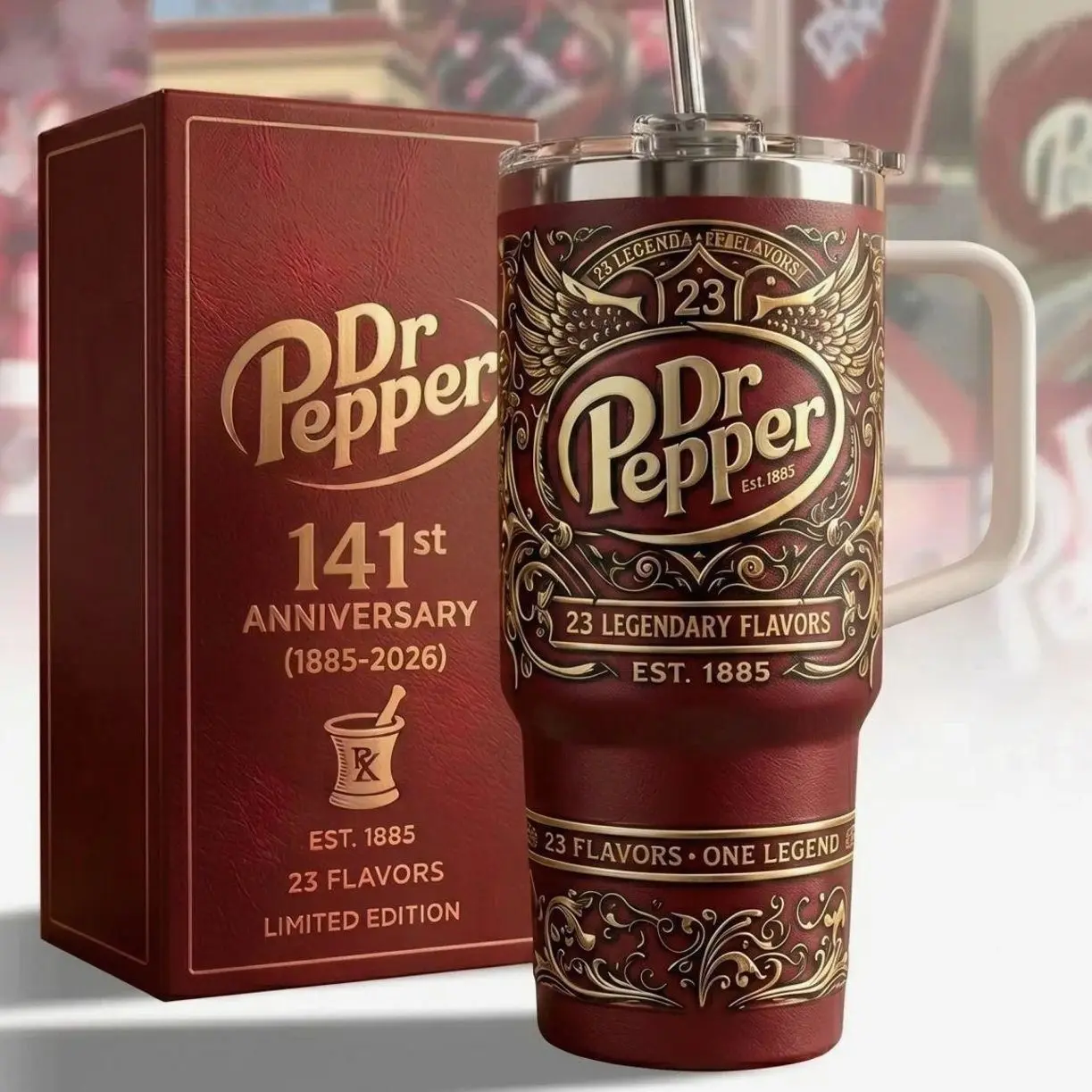 Docter Pepper 141st  Anniversary Tumbler 40oz With Handle & Straw, Limited Edition 1885-2026 Collector Cup, Retro Soda Fan Gift, Vintage Dr Pepper Drinkware, 23 Flavors Stainless Steel Travel Mug, Insulated Beverage Tumbler