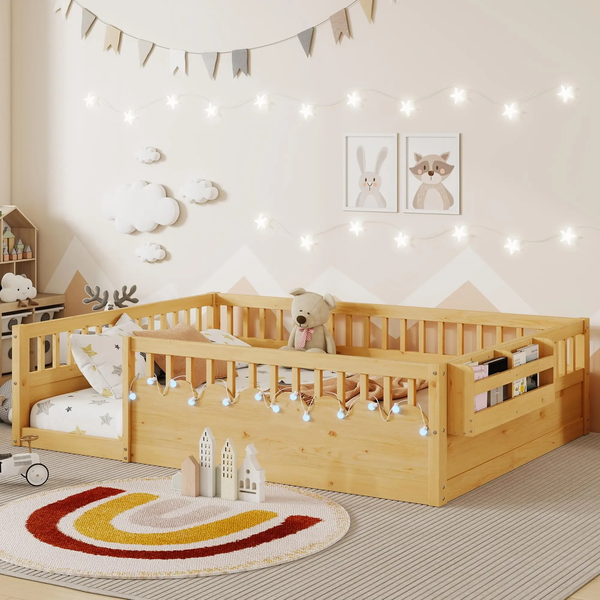 Floor Bed for Kids, Full Size Montessori Beds with High Fence Railings, Wood Playhouse Bed with Rails, Light & Storage for Baby Boys Girls Teens, No Slats Included, Kids Furniture Bedroom, Toddler Bed