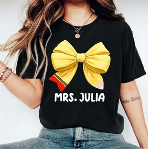 Back To School T-Shirt, Personalized Teacher Name Shirt, Pencil Bow Teacher Tee, School Teacher Tee, Gift Shirt For New Teacher, Teach Short Sleeve.
